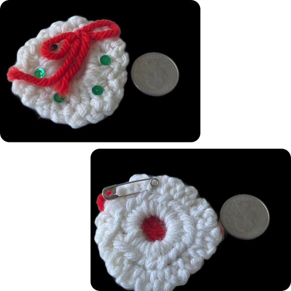Hand Made Set of 7 Crochet Christmas Pins, Santa Claus Wreats Skates Girl Gifts - Picture 8 of 11